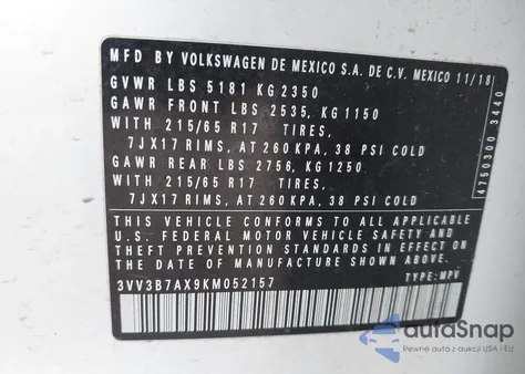 2019 Volkswagen Tiguan 2.0T Se/2.0T Sel/2.0T Sel R-Line/2.0T Sel R-Line Black z USA, uszkodzony, nr VIN 3VV3B7AX9KM052157